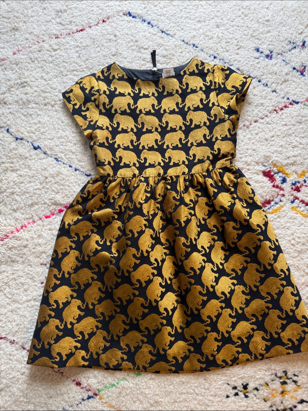 J. Crew Crewcuts Black Dress with Metallic Gold Elephant Pattern